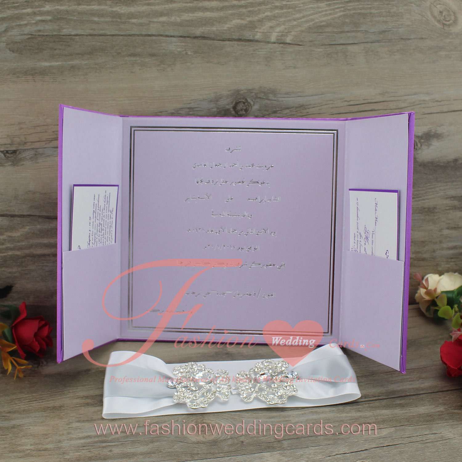 Cheap Purple Silk Wedding Invitations with Brooch and Ribbon
